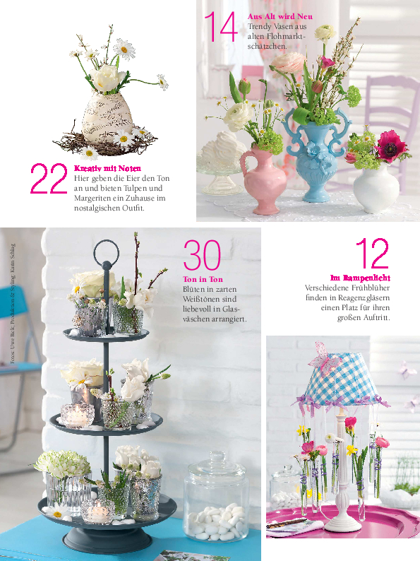Weißtöne dominieren zarte Blumendeko, verziert mit modischen Vasen und DIY-Akzenten. Vintage trifft Frühlingsfarben.