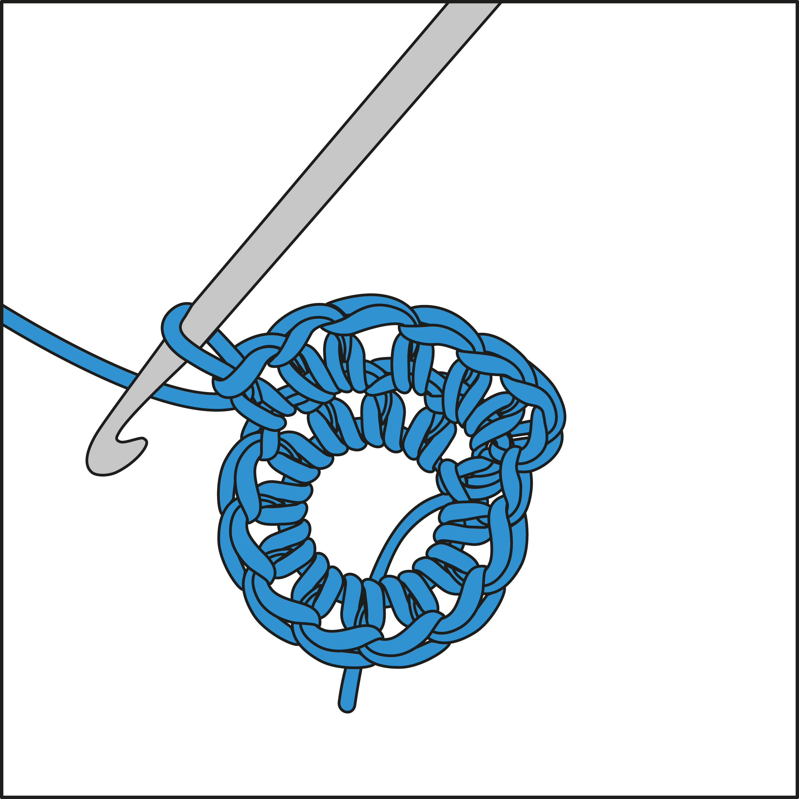Blaues, handgemachtes Häkelmuster; DIY mit Häkelnadel in einem modischen Design.