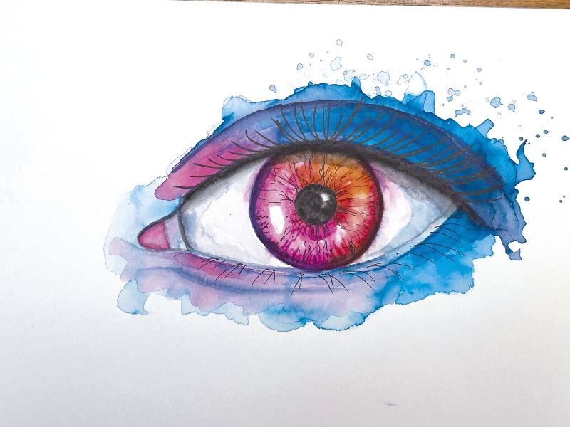 Lebendige Aquarellmalerei eines Auges. Farben: Blau, Pink, Orange. Detailreich und kunstvoll gestaltet.