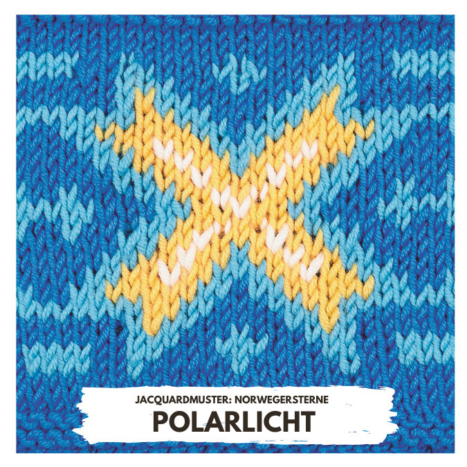 Blau-gelb-weißes Jacquardmuster, modisch, traditionell, handgemacht, Norwegerstil, gestricktes Kreuzmotiv.