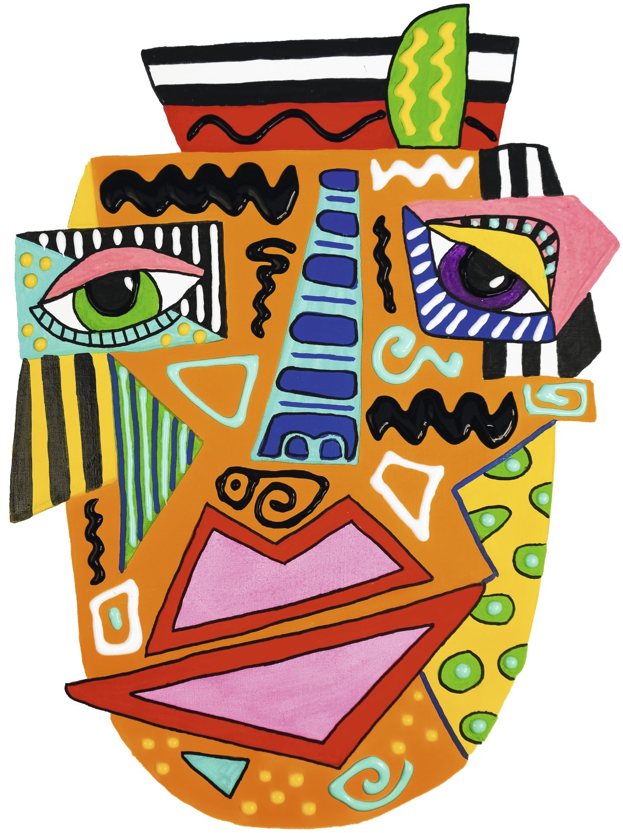 Farbenfrohes, geometrisches Muster; handgemacht, modisch, künstlerisch gestaltet, vibrierende Farben.