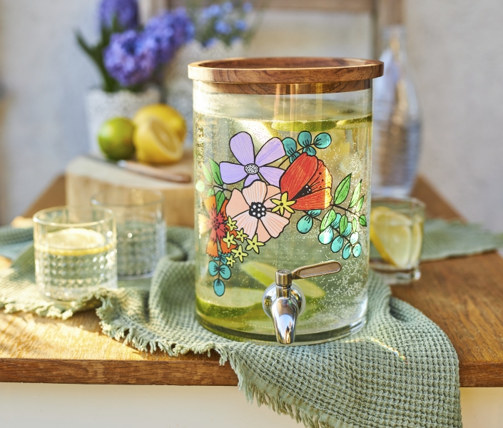 Glasbehälter mit blumigem, handbemaltem Muster, farbenfroh und kreativ, Holzdeckel, stilvoll und einzigartig.