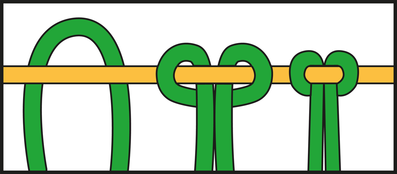 Grünes DIY-Knoten-Muster um gelbe Leiste. Handwerklich, modisch, detailliert.