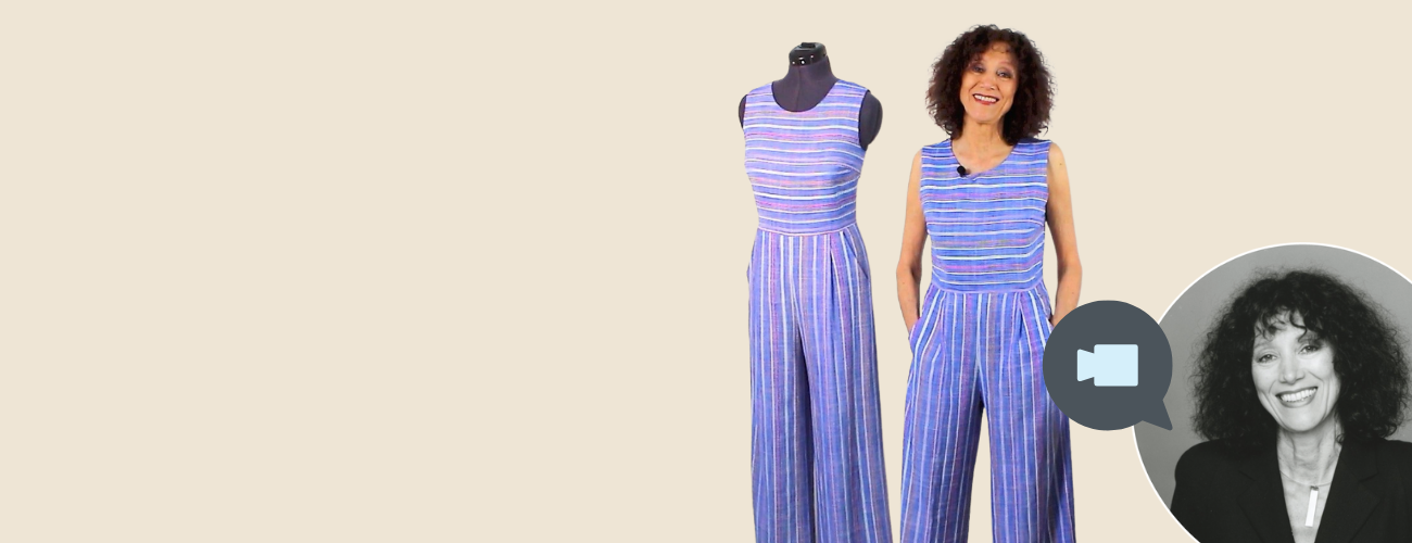 Blauer Jumpsuit mit Streifen, ärmellos, weiter Beinverlauf, modisch, handgemacht, DIY-Couture.