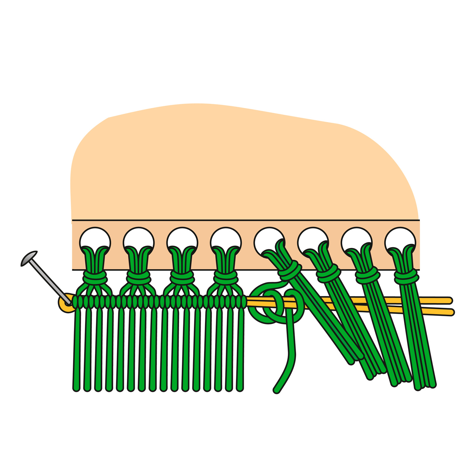 Grüner, handgemachter Macramé-Knoten. Dichtes Muster, kreativ geknüpft, DIY-Stil, kunstvolle Handarbeit.