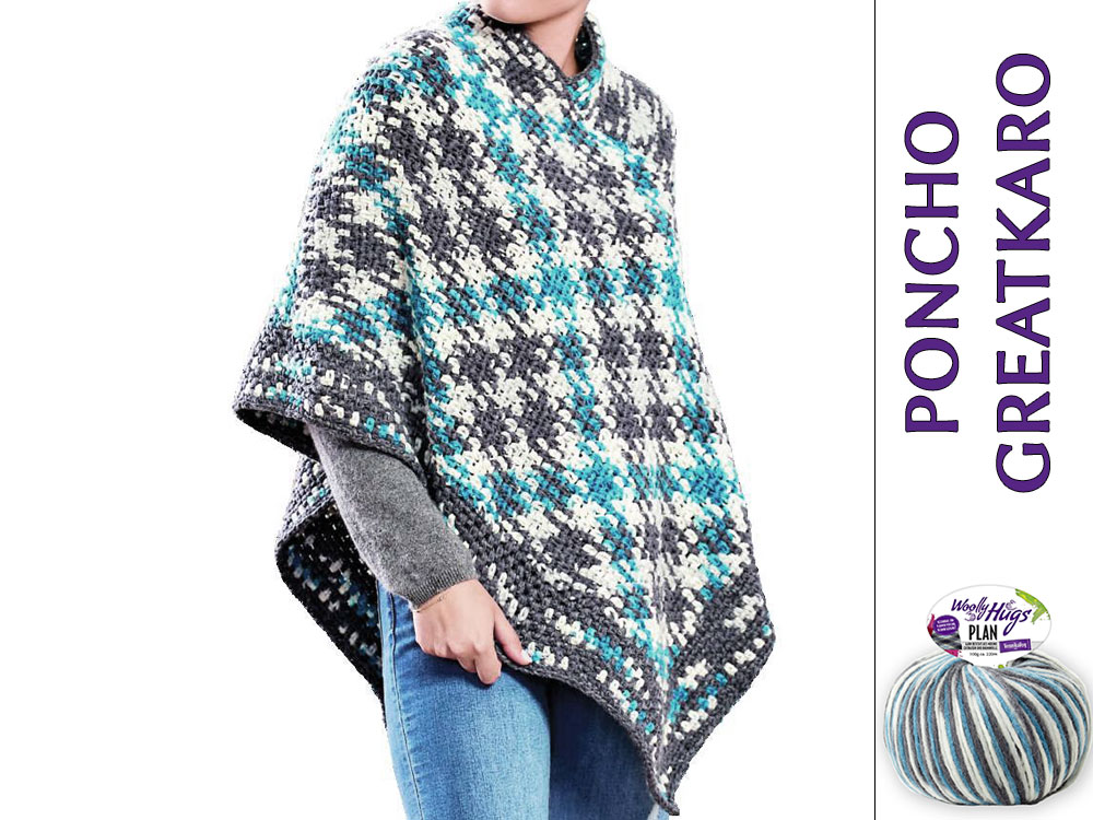 Woolly Hugs Poncho Great Karo, ganz einfach mit der Planned Pooling Methode gehäkelt