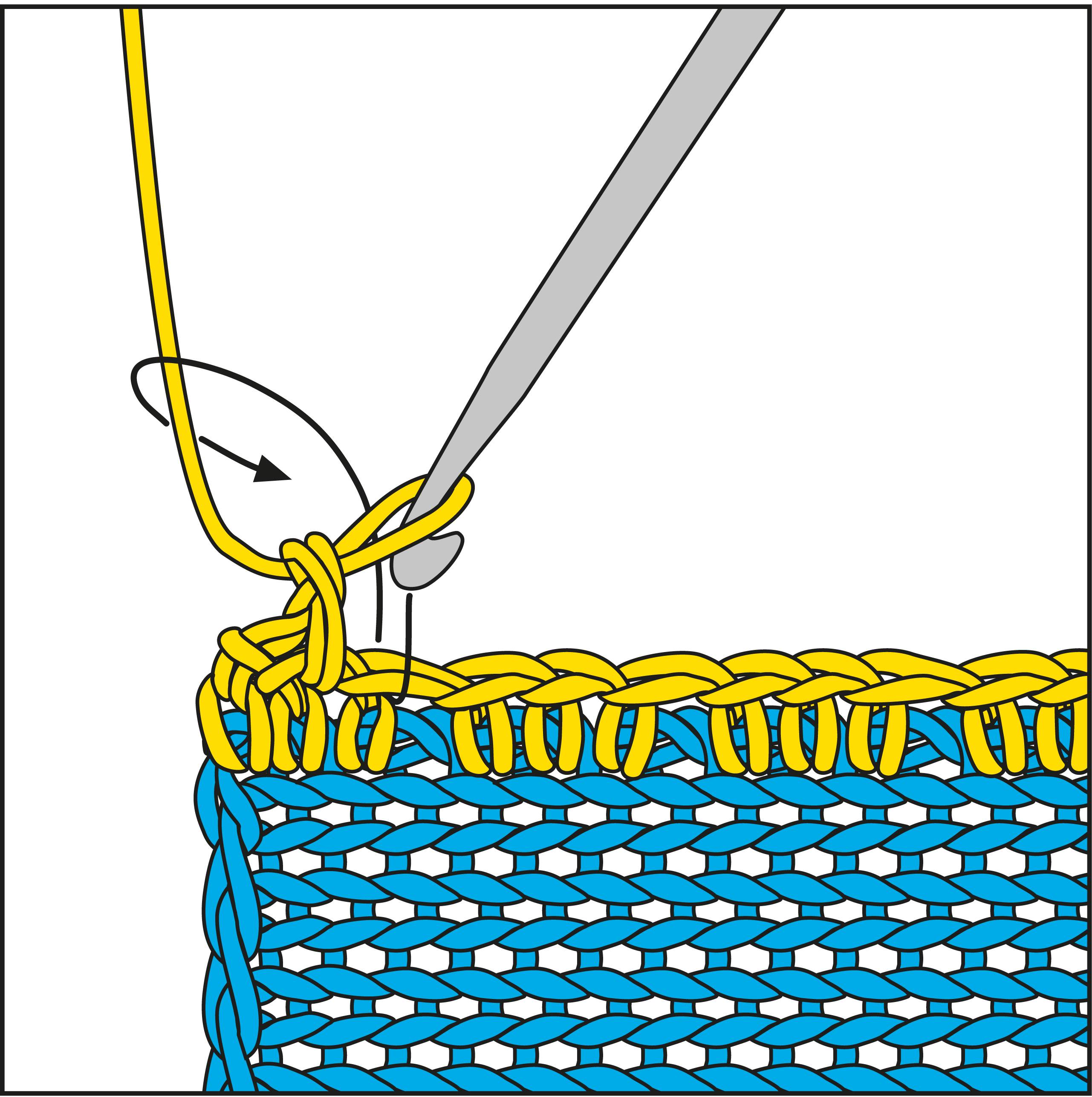Selbstgemachtes Häkelstück in Blau und Gelb, modisches Muster, Handarbeit, detailliert.