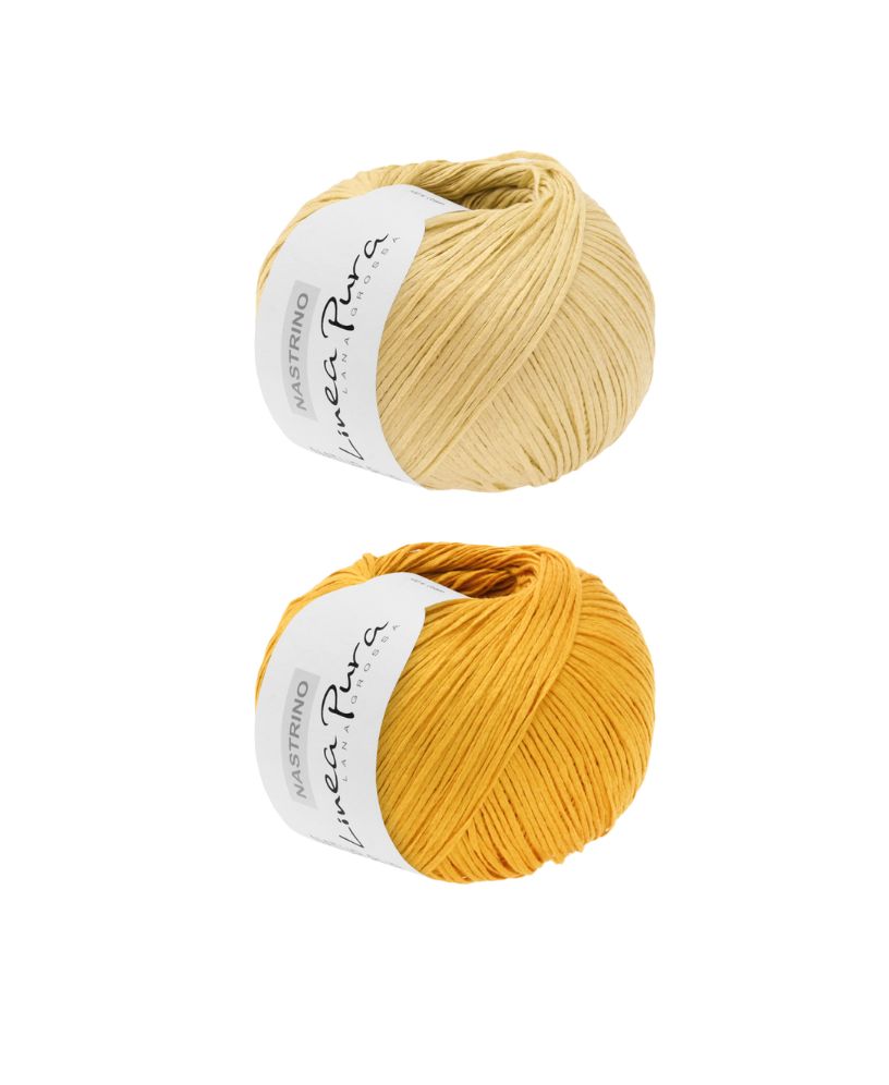 Zwei moderne Garnknäuel in sanftem Beige und lebhaftem Gelb, ideal für elegante DIY-Strickprojekte.