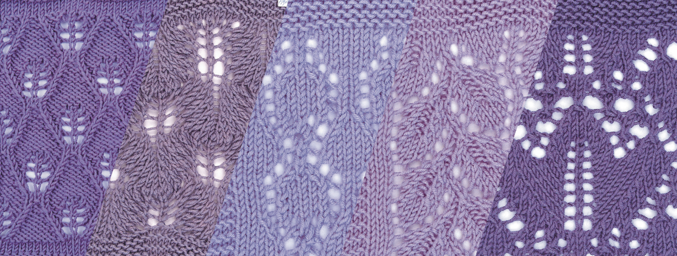 Handgearbeitete lila Strickmuster, floral und geometrisch, in variierenden Schattierungen. Modisch und kunstvoll.