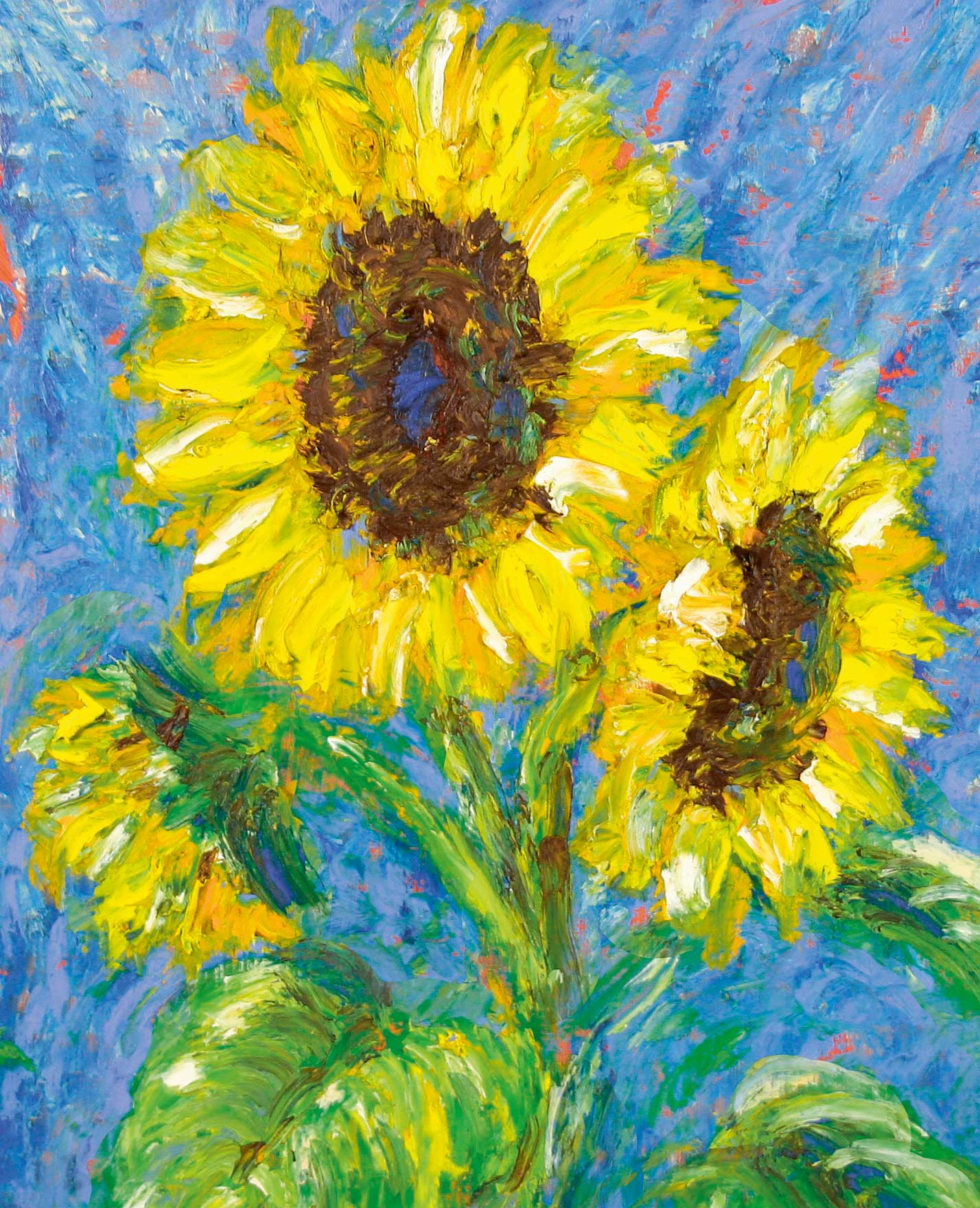 Gelbe Blüten in leuchtendem Gelb und Grün, kunstvoll gemalt, impressionistisch, lebendig, handgemacht.