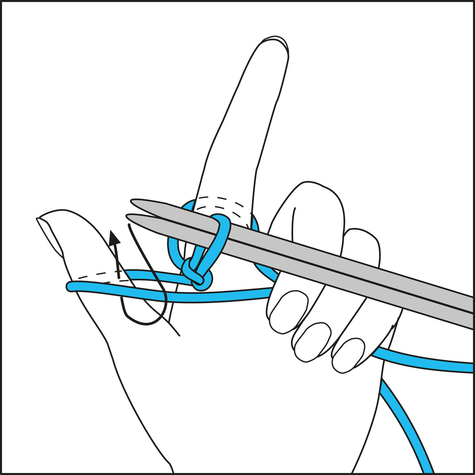 Illustration einer Hand beim Stricken, blauer Garn, silberne Nadeln, DIY Handarbeit, selbstgemacht.
