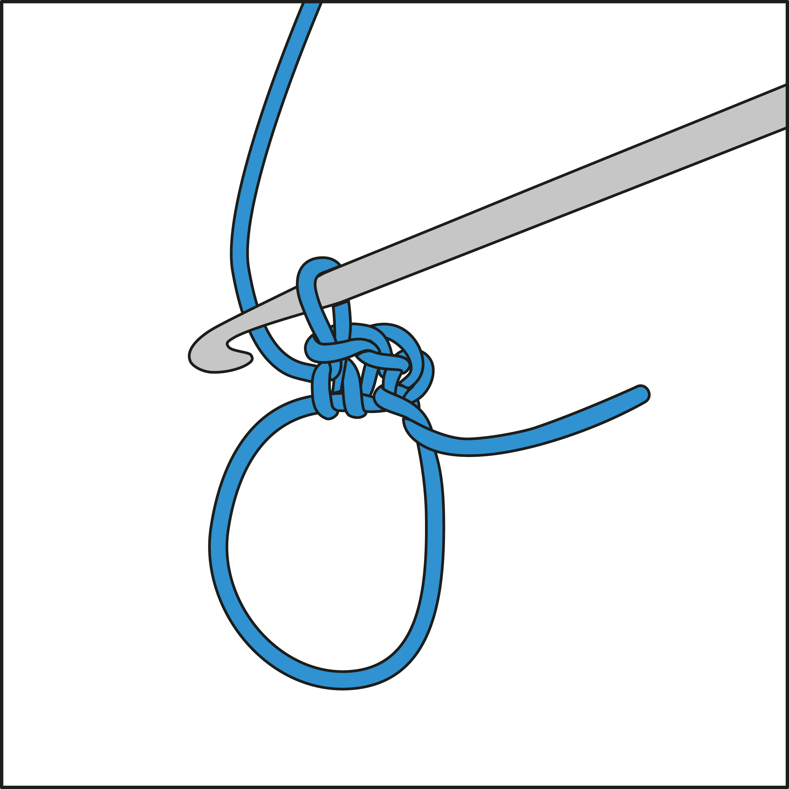 Blauer Faden mit Häkelnadel, selbstgemacht, zeigt gehäkelten Knoten, DIY, kreative Handarbeit.