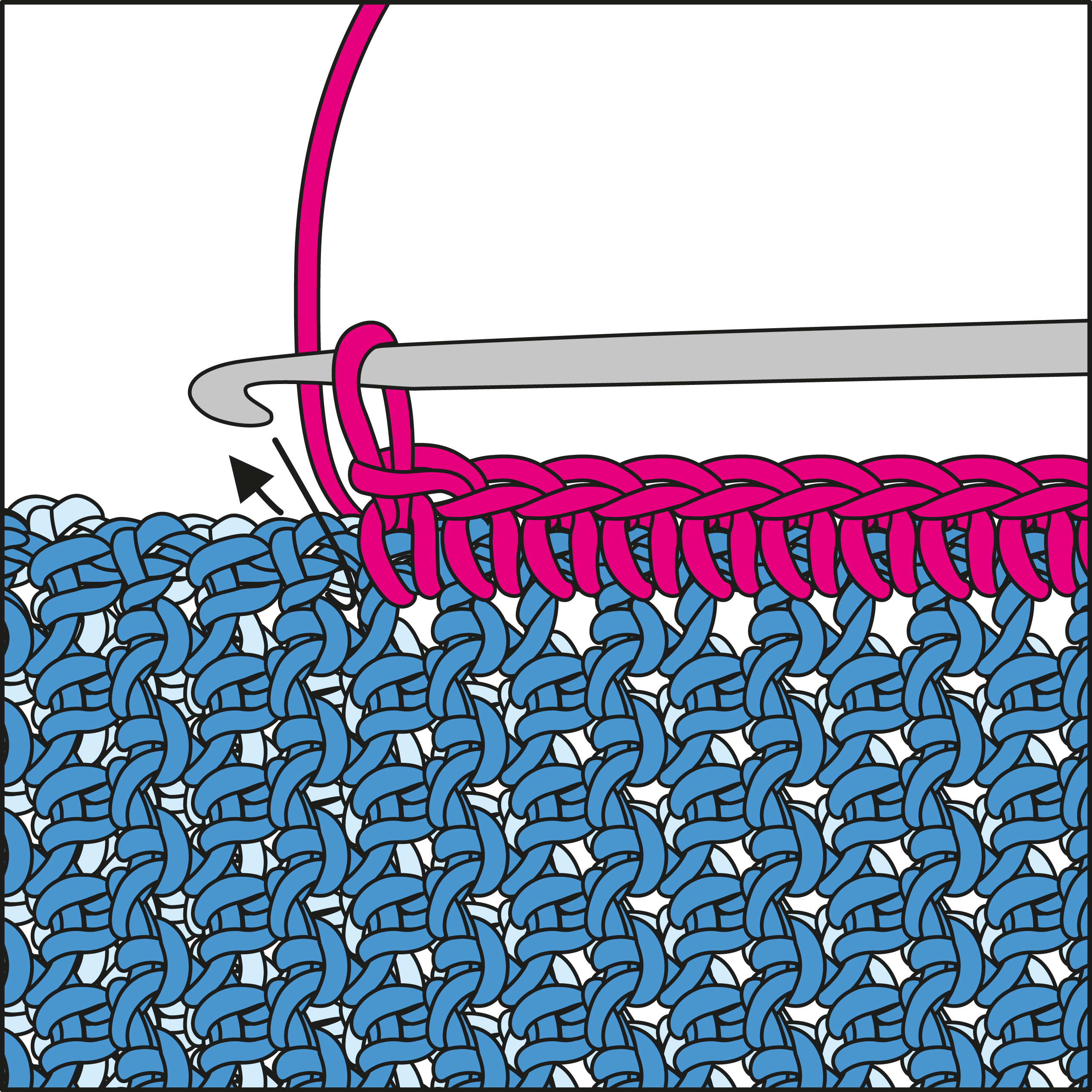 Handarbeit in Blau und Pink; komplexes Muster, modisch, DIY-Charme, kreative Farbgestaltung.