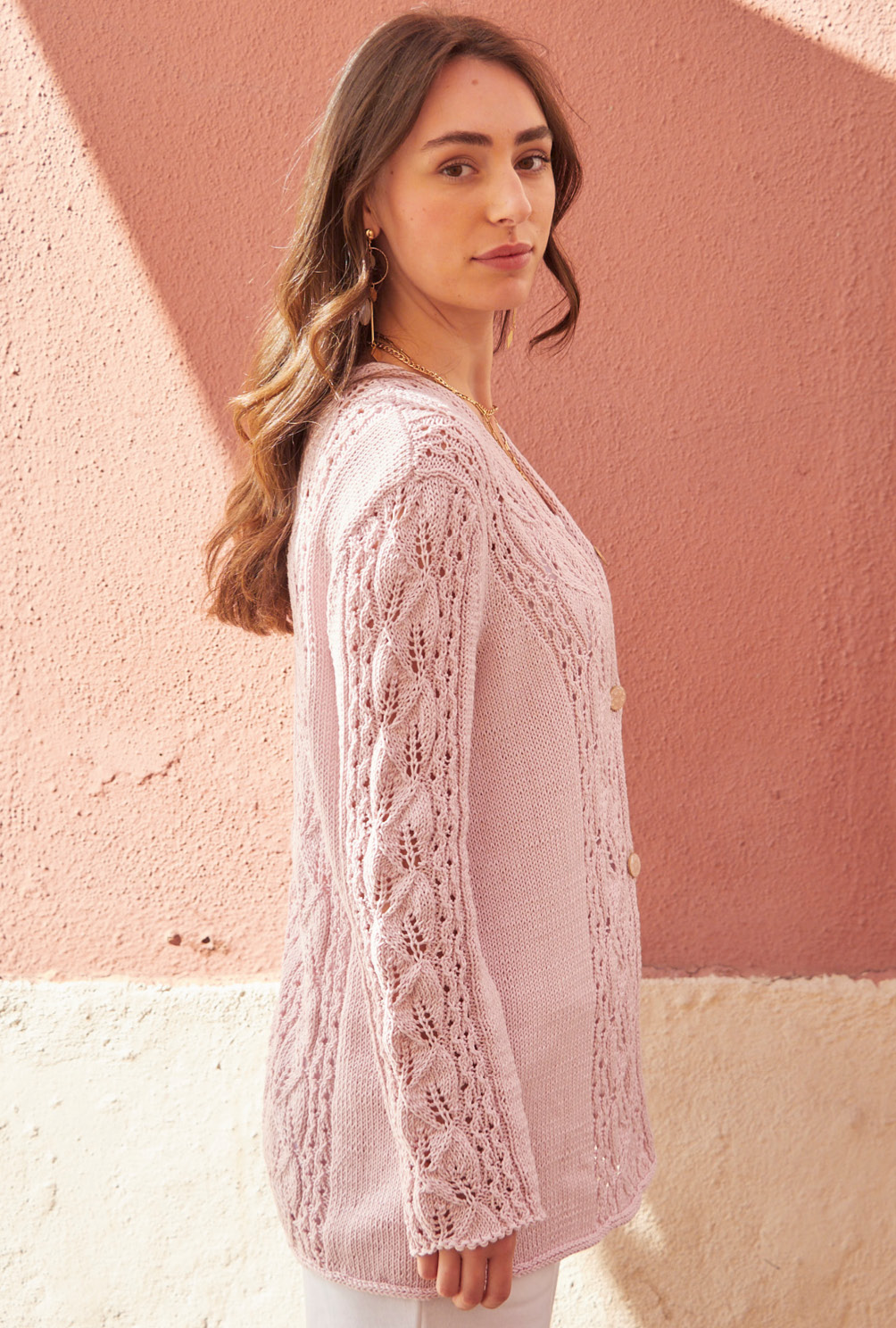 Cardigan mit Blattmusterstreifen in Rosa