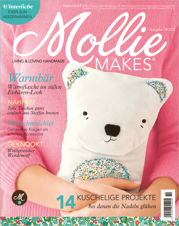 Weißer Bär mit floralem Muster auf Ohren/Bauch. Flauschig, DIY, handgemachte Textilien.