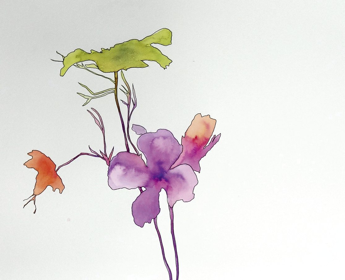 Bunte Blüten in sanften Aquarellfarben: Lila, Grün, Orange. Handgemaltes, minimalistisches Design. Kunstvoll.