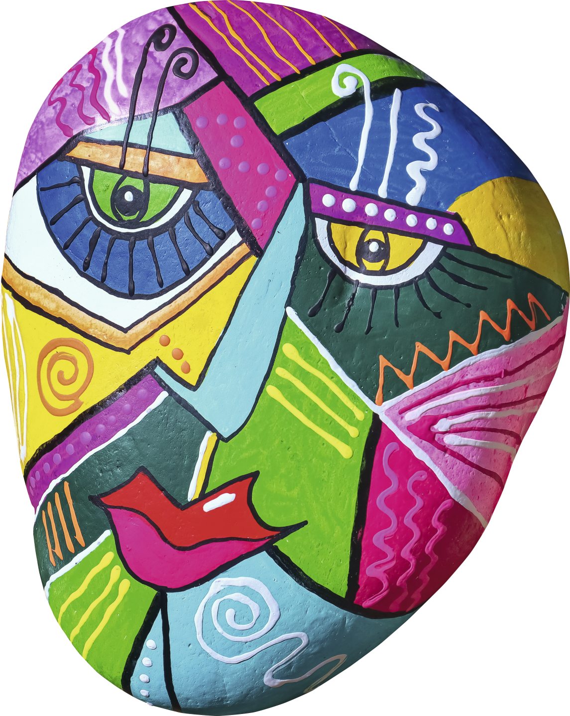 Bunter, abstrakter Gesichtsentwurf mit lebendigen Farben und geometrischen Mustern. Handgemaltes, kunstvolles Design.