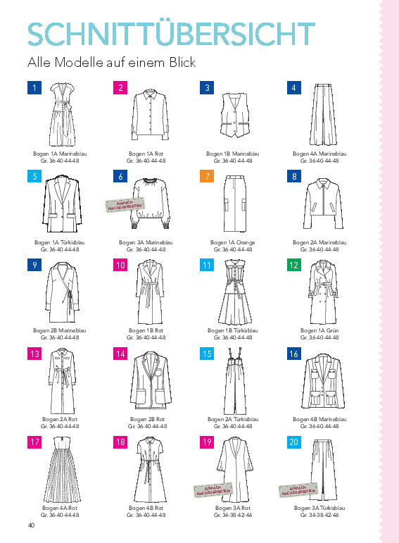 Verschiedene DIY-Schnittmuster, modisch, minimalistisch; Kleider, Westen, Mäntel in klassischen Designs.