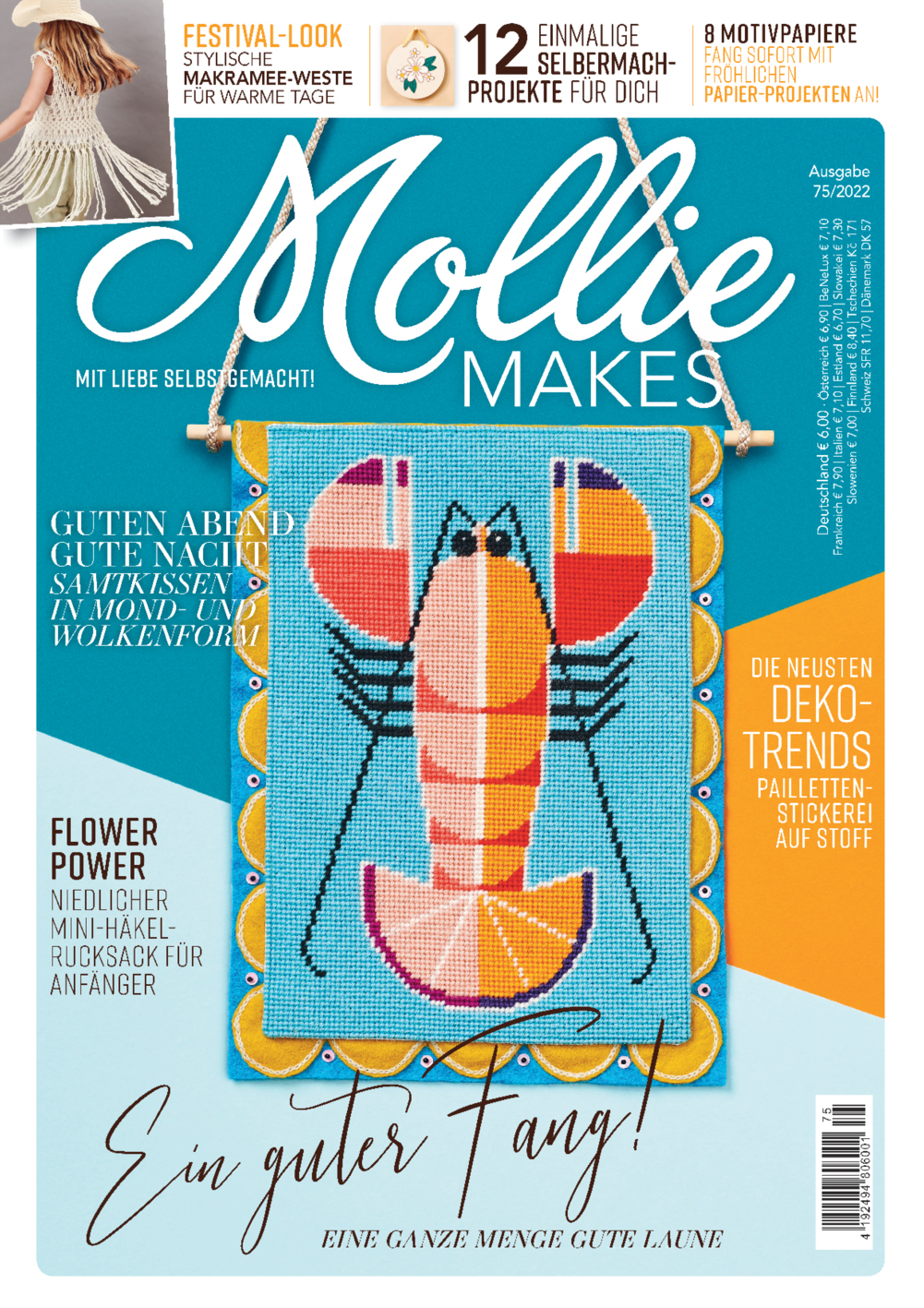 Farbenfrohes Kreuzstich-Muster mit Hummer-Design, elegant handgemacht; modern, DIY, Kunsthandwerk.