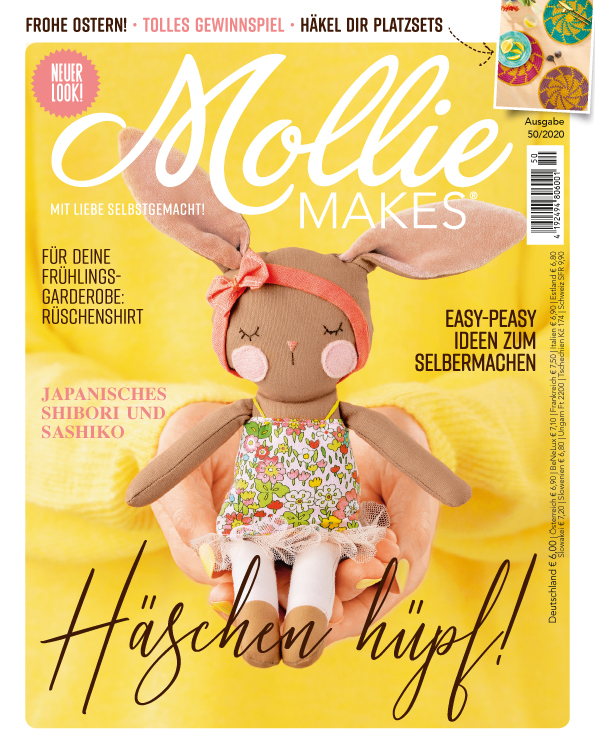 Niedliches DIY-Stoffhäschen: florales Kleid, pastellener Kopfschmuck, rosa Details, handgemachte Einzigartigkeit.