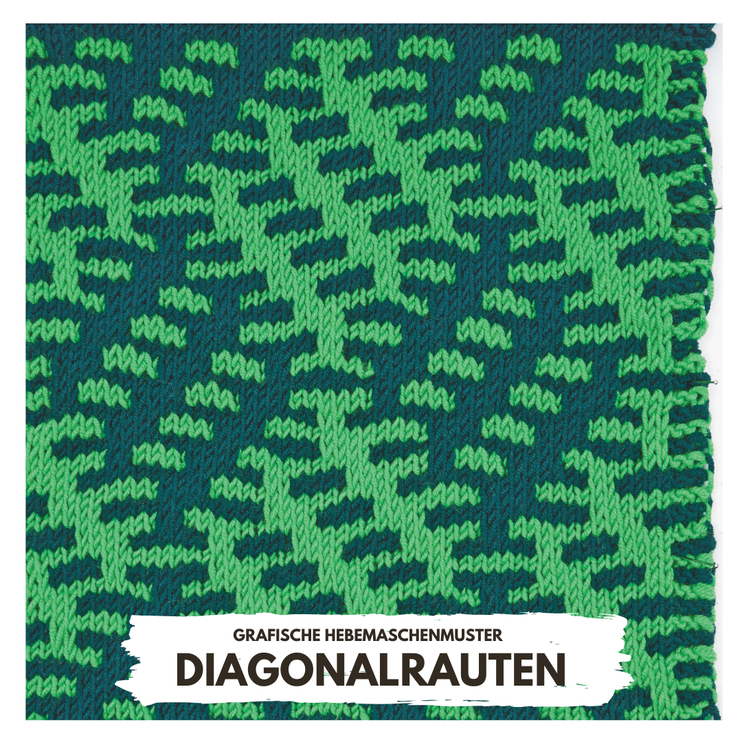 Grünes und blaues Hebemaschenmuster, modisch, handgemacht, diagonale Rautenstruktur.