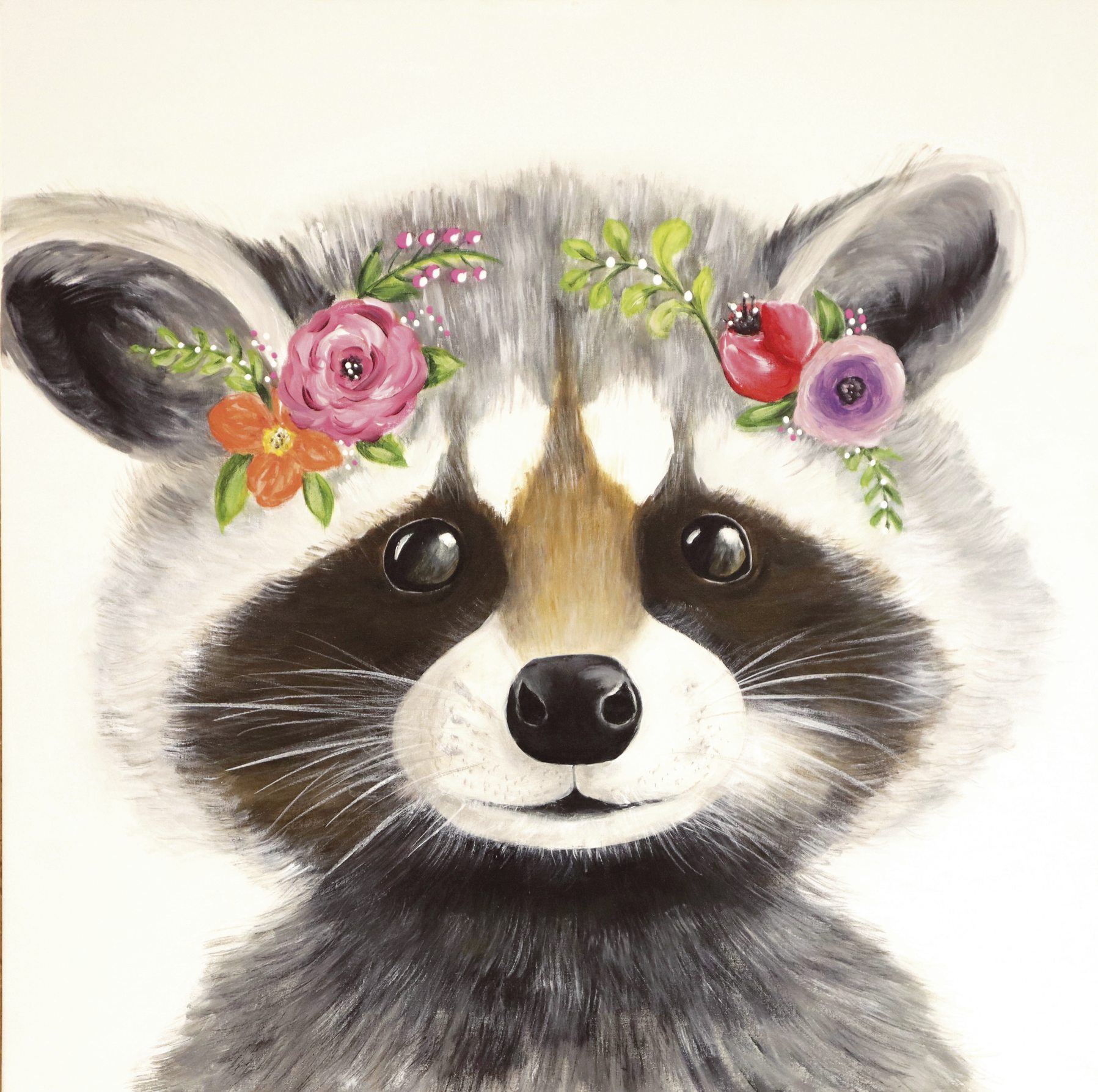 Bunter DIY-Stil: Aquarell-Waschbär mit leuchtenden Blumen, handgemalt, detailreich und originell.