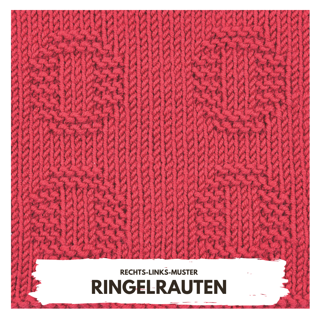 Modisches, selbstgemachtes Strickmuster in Rot, mit geometrischen Rippen und Rauten. Handarbeit, DIY.