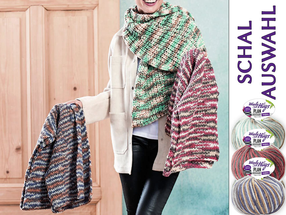 Modellansicht Bild 2: Woolly Hugs 3 Schals, 3 Farben, 2 Muster. Da ist für jeden sein Lieblingsschal dabei