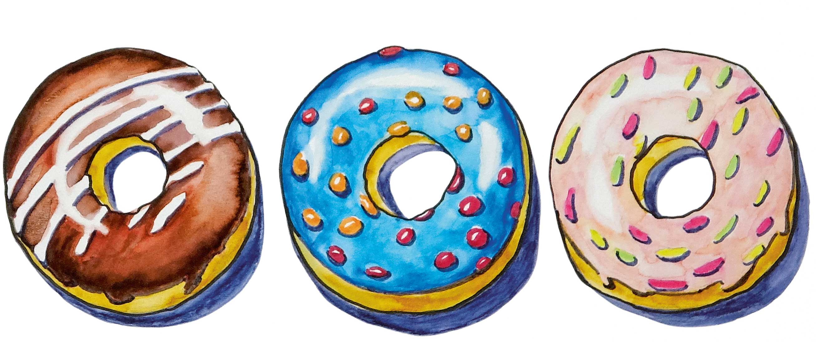 Drei farbenfrohe Donuts: Schoko mit Linien, blau mit Punkten, pink mit Streuseln. Handgezeichnete Details.