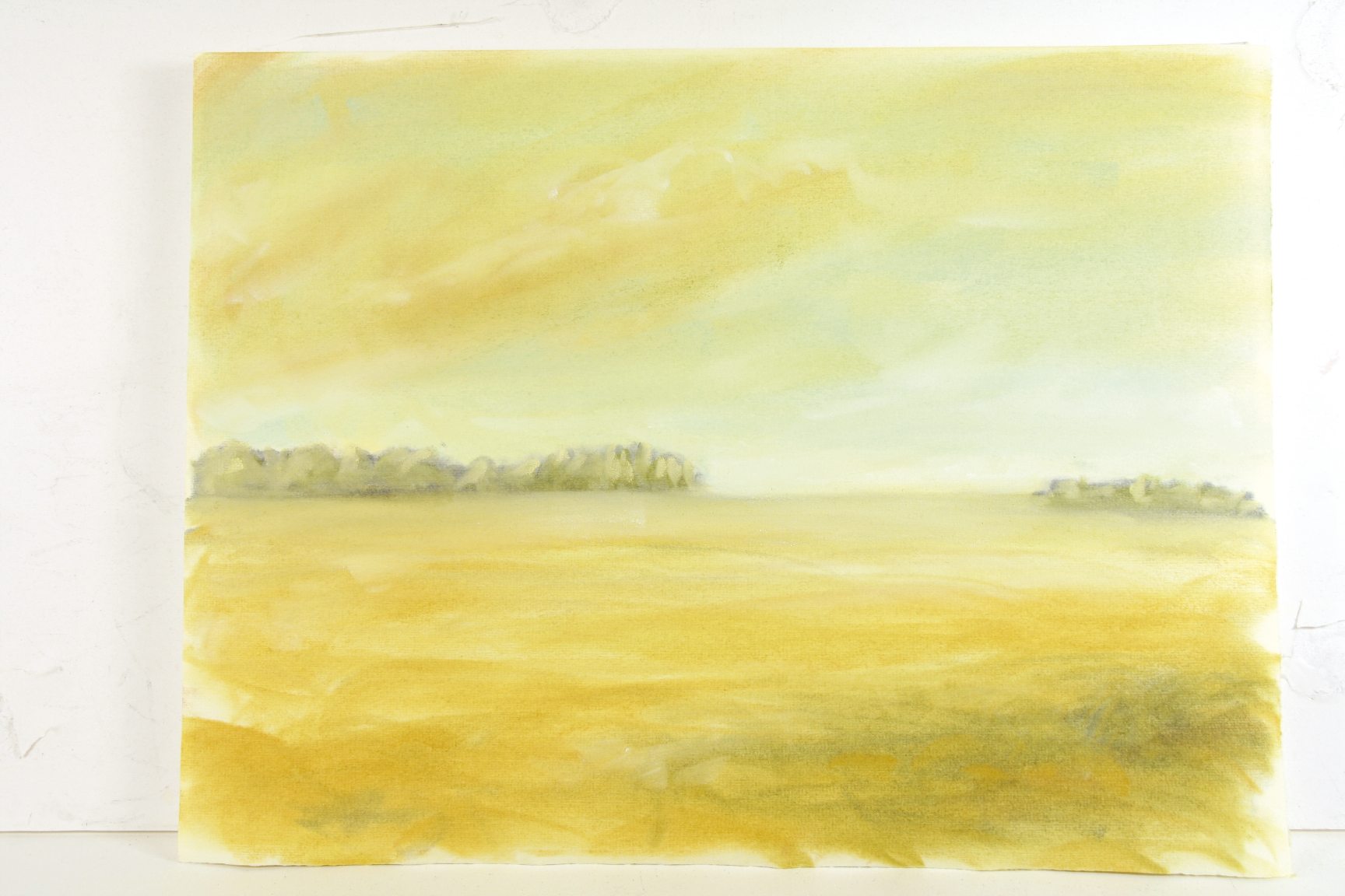 Gemälde in sanften Gelbtönen, abstrakt und verträumt, handgefertigt, erinnert an impressionistische Kunst.