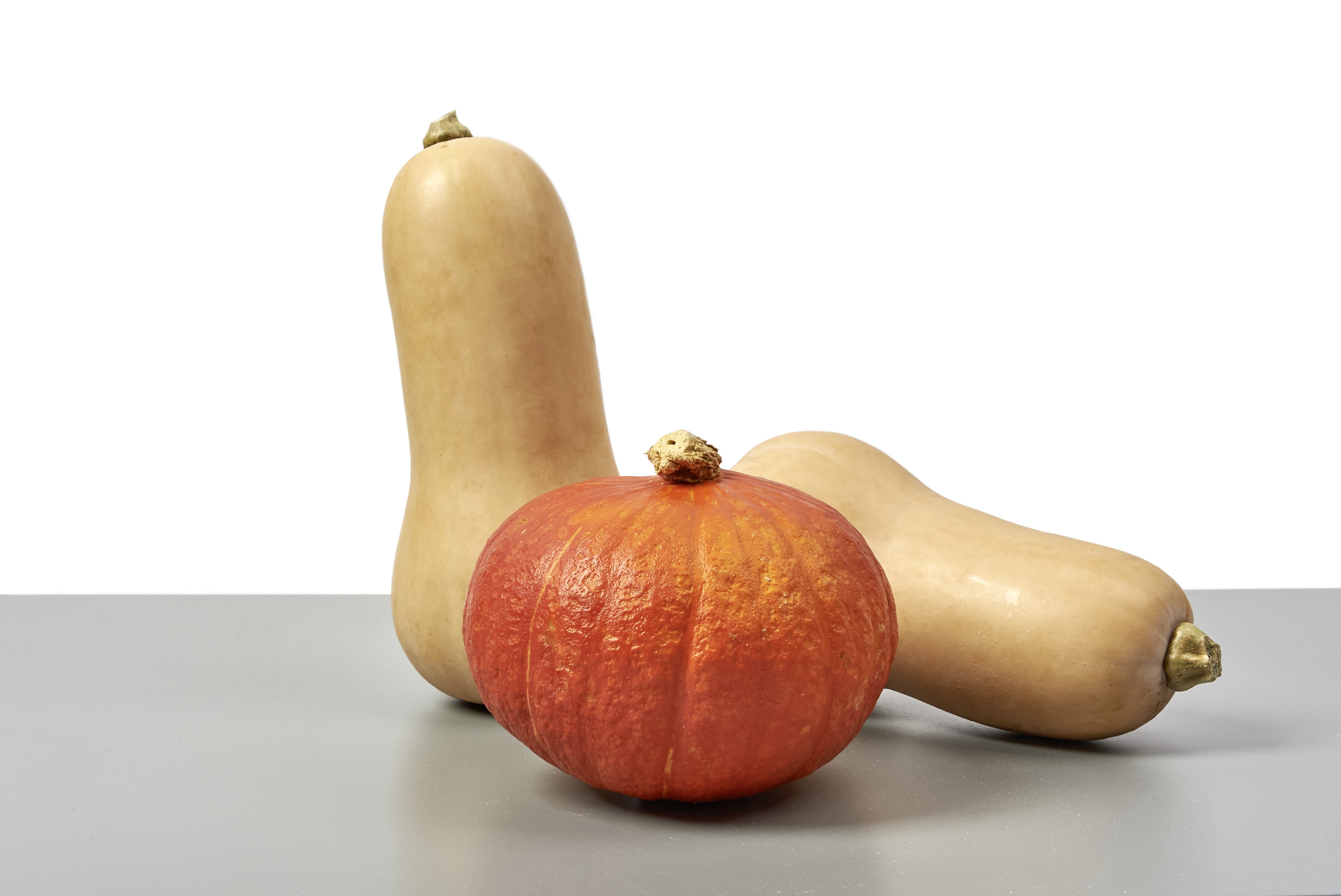 Kürbis in leuchtendem Orange und Creme. Glatte Oberflächen, rustikal und organisch.