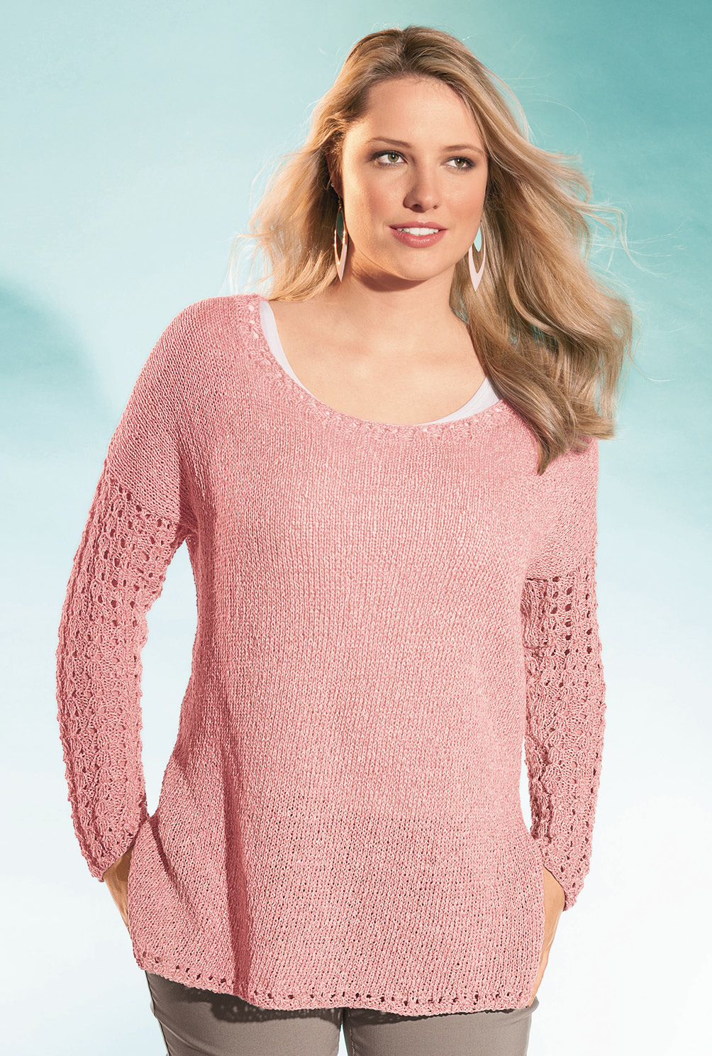 Modellansicht Bild 3: Pulli mit Lochmusterärmeln in Rosé meliert