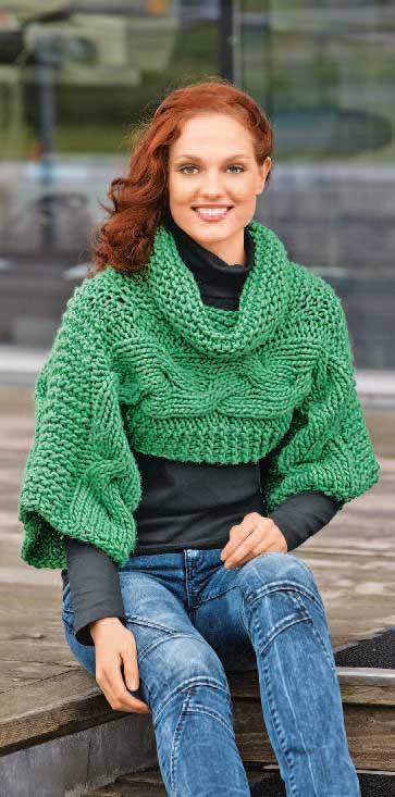 Grüner Strick-Umhang, grobmaschig, voluminöse Ärmel, modisch, handgemacht, DIY-Stil.