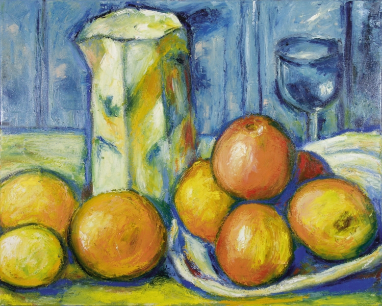 Bunte Früchte und Krug in kräftigen Farben, expressionistischer Stil, lebendige Pinselstriche.