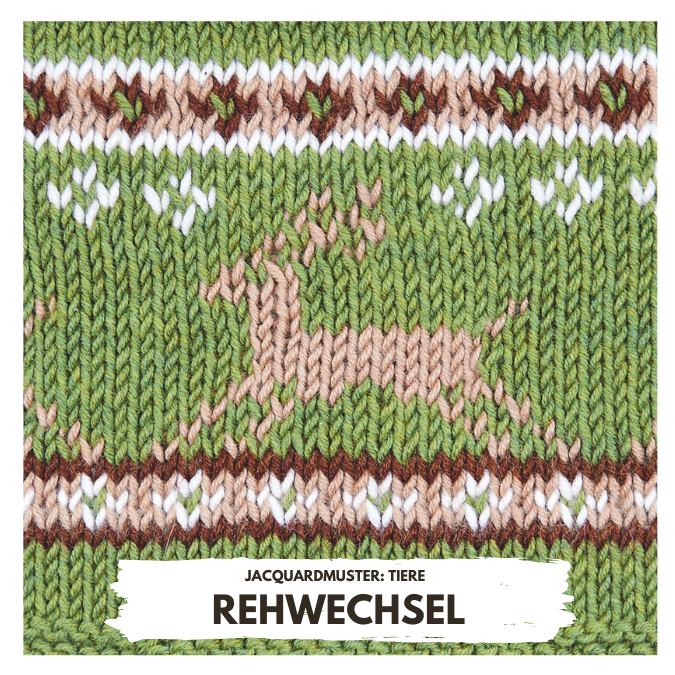 Jacquard-Strick mit Rehmuster, waldgrün, braun, weiß. Handarbeit, modisch und einzigartig.