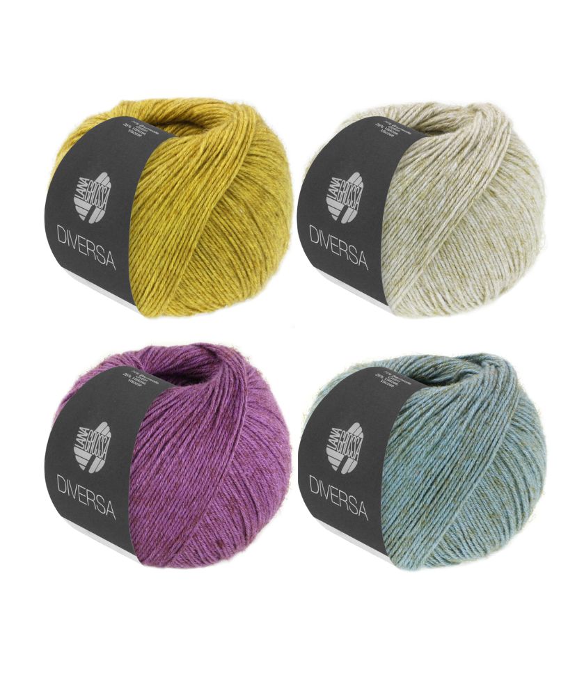 Strickgarne in gelb, lila, beige, blau; modern, perfekt für handgemachte Mode, kreative Projekte.