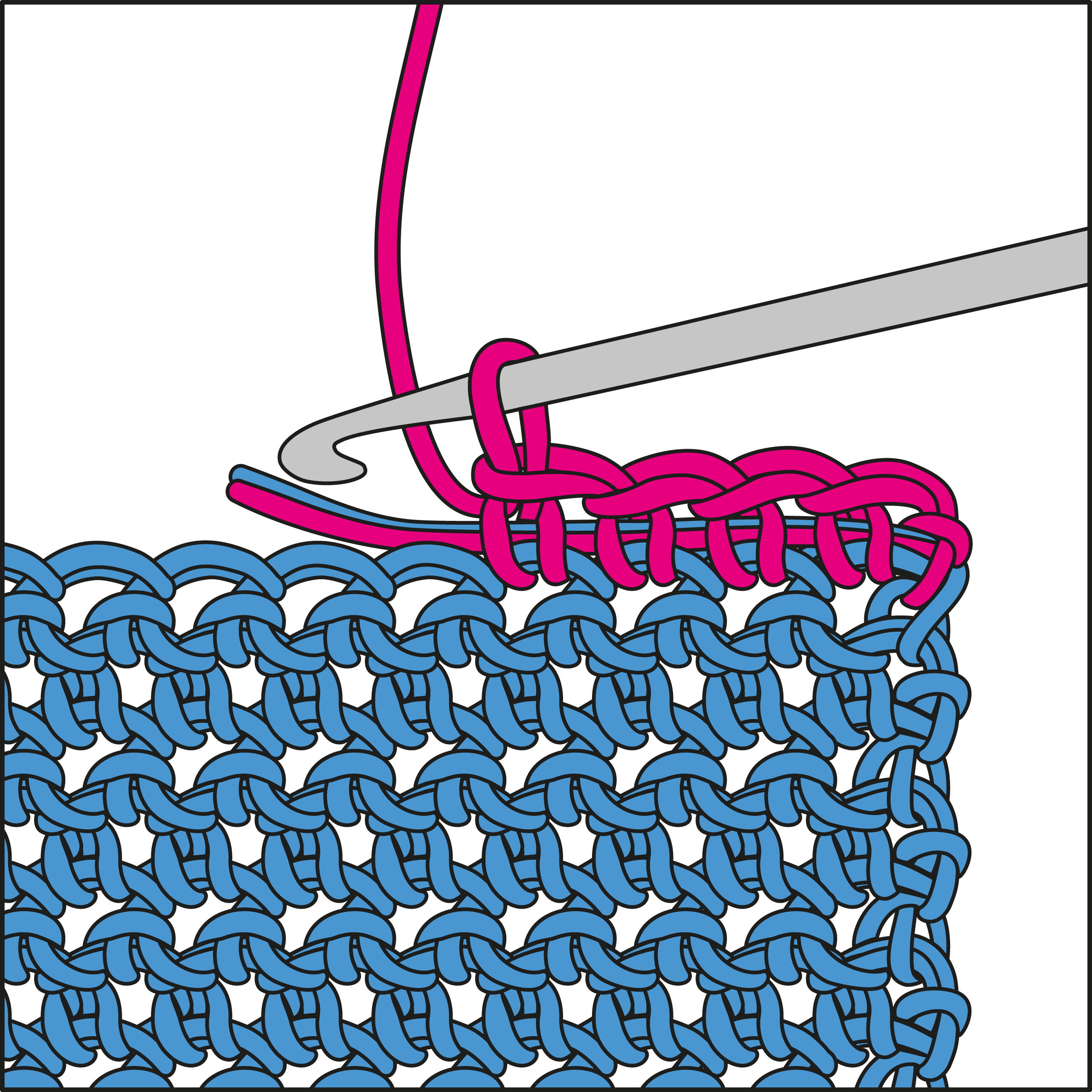 Handarbeit in Blau und Pink. Detailliertes Muster, DIY-Feeling. Farbkontrast, modern, stilvoll.