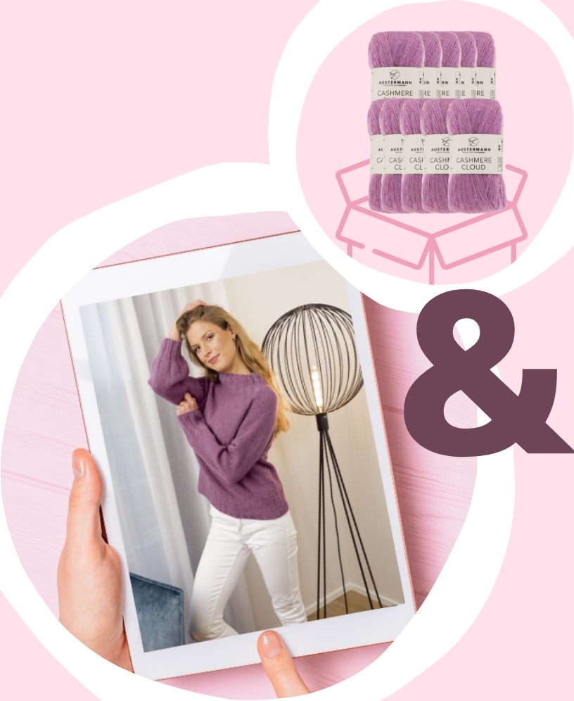 Lila Pullover in Strickoptik, locker geschnitten, modisch, handgemacht, kombiniert mit weißen Hosen.