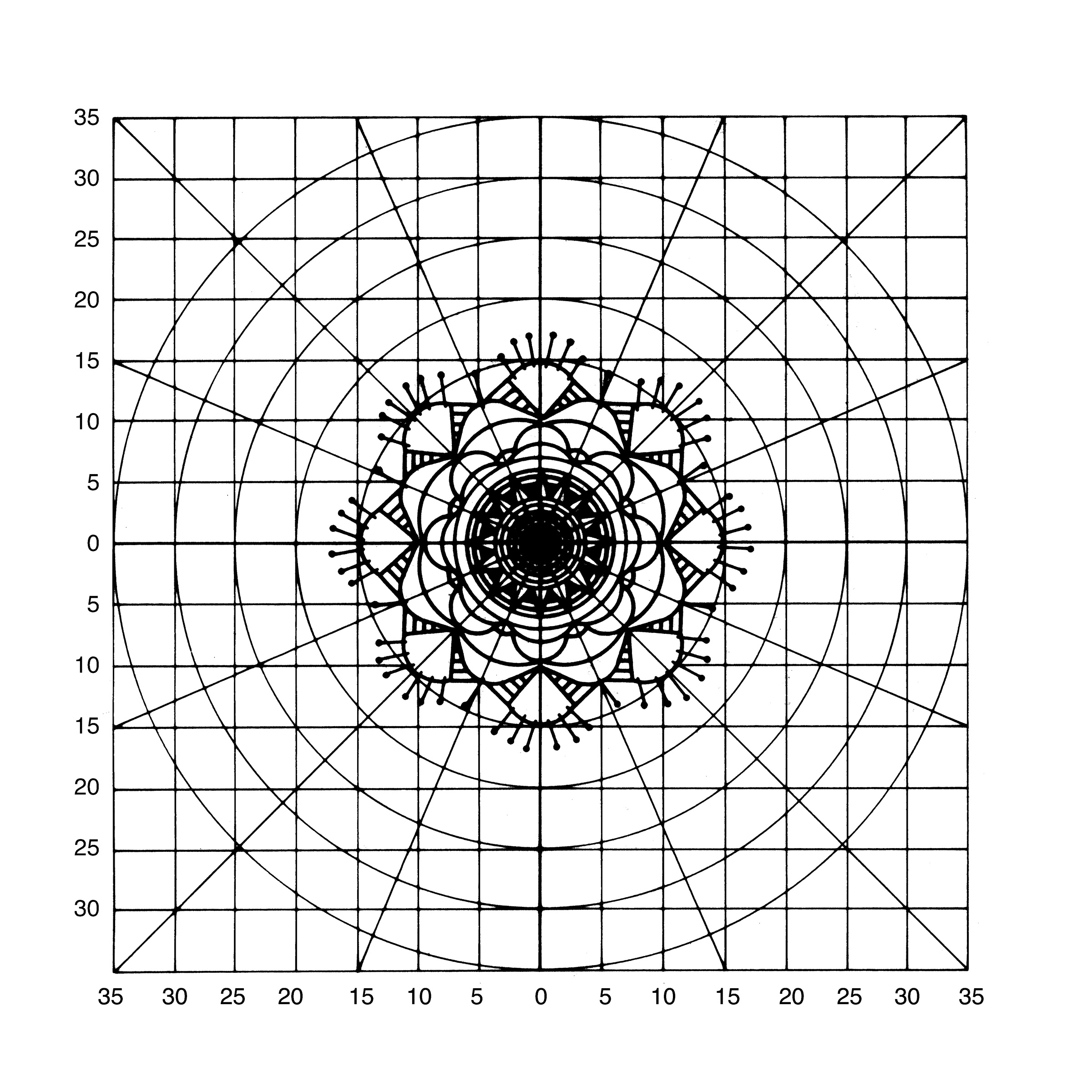 Symmetrisches, schwarzes Gittermuster; komplexe Mandala-Form; kunstvolles, selbstgemachtes Design.