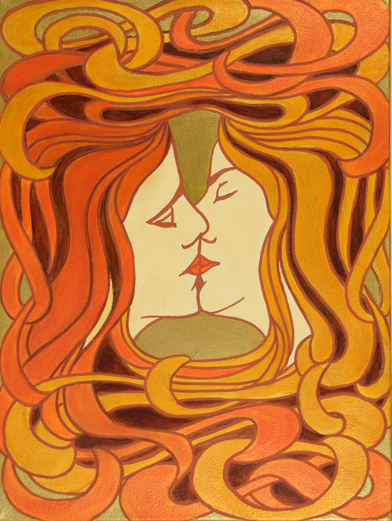 Modisches Kunstwerk mit lebhaften Orange- und Brauntönen, fließende Formen, handgemacht anmutend, kreative Muster.