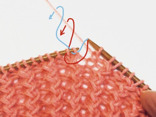 Selbstgemachtes Strickmuster in Lachsrosa; feine, dicht gewebte Textur; DIY-Charme.