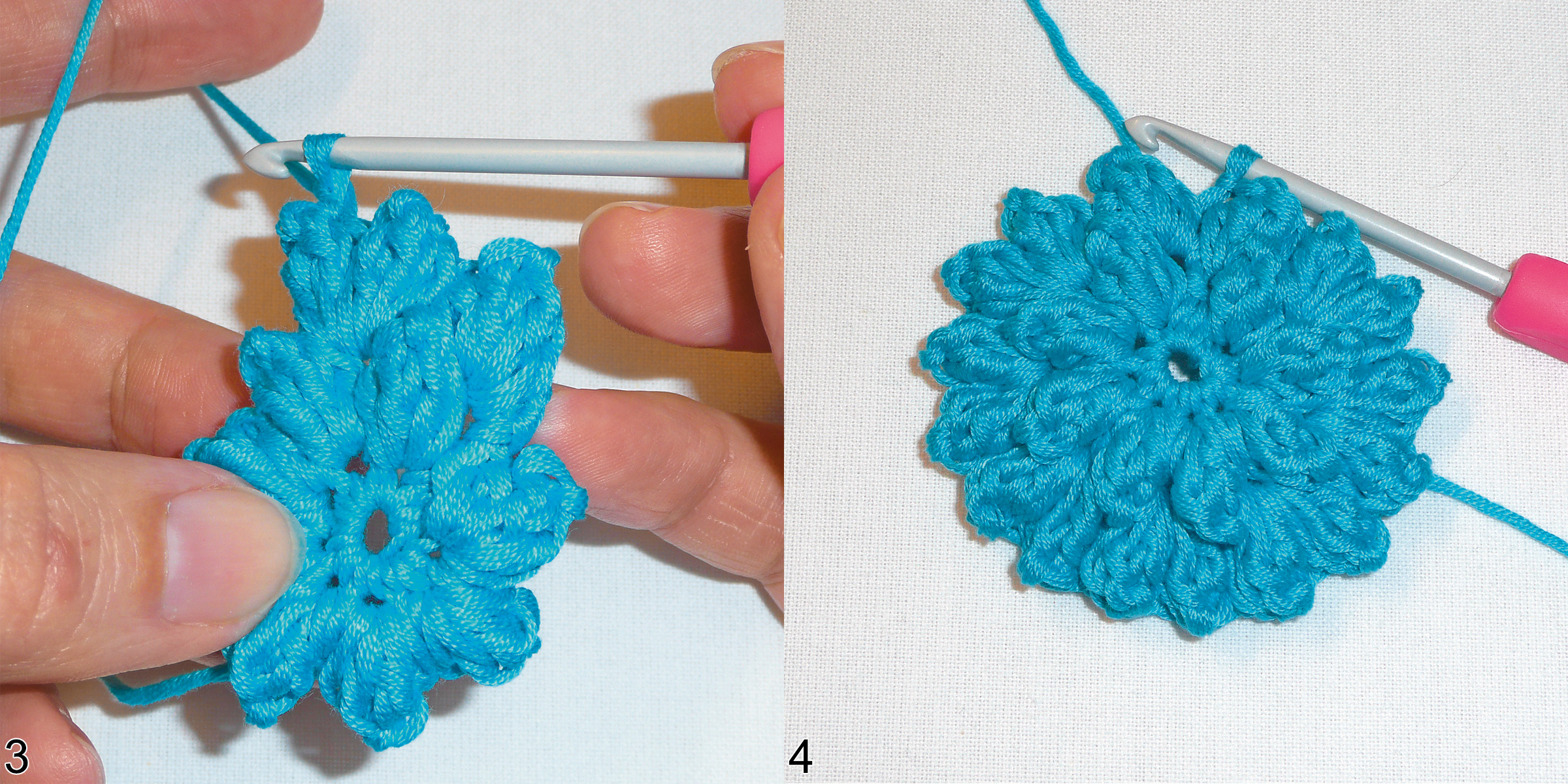 Leuchtend blaues Häkelmuster, blütenförmig, DIY, kunstvoll, handgefertigt mit feinen Maschen.
