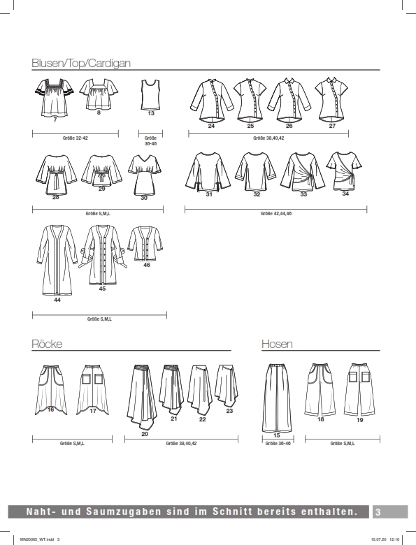 Eine Auswahl an modischen, handgemachten Schnitten: Blusen, Röcke und Hosen mit klaren Linien und Details.
