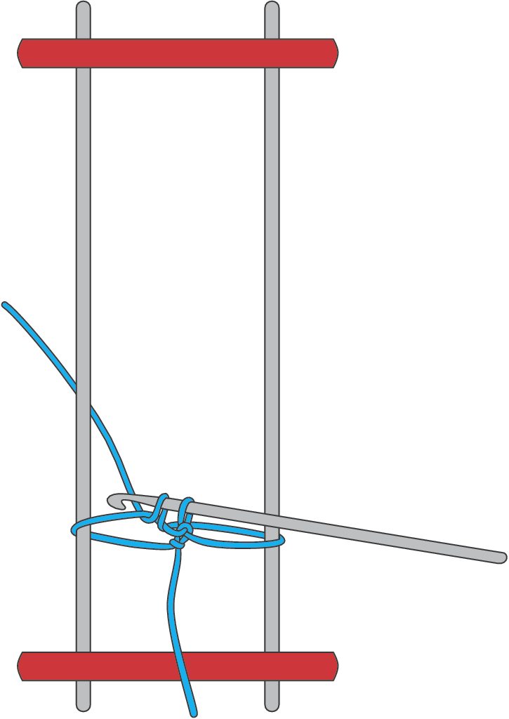 Minimalistischer Knoten mit blauem Garn auf schlichtem Webrahmen. DIY, handgemachte Technik.