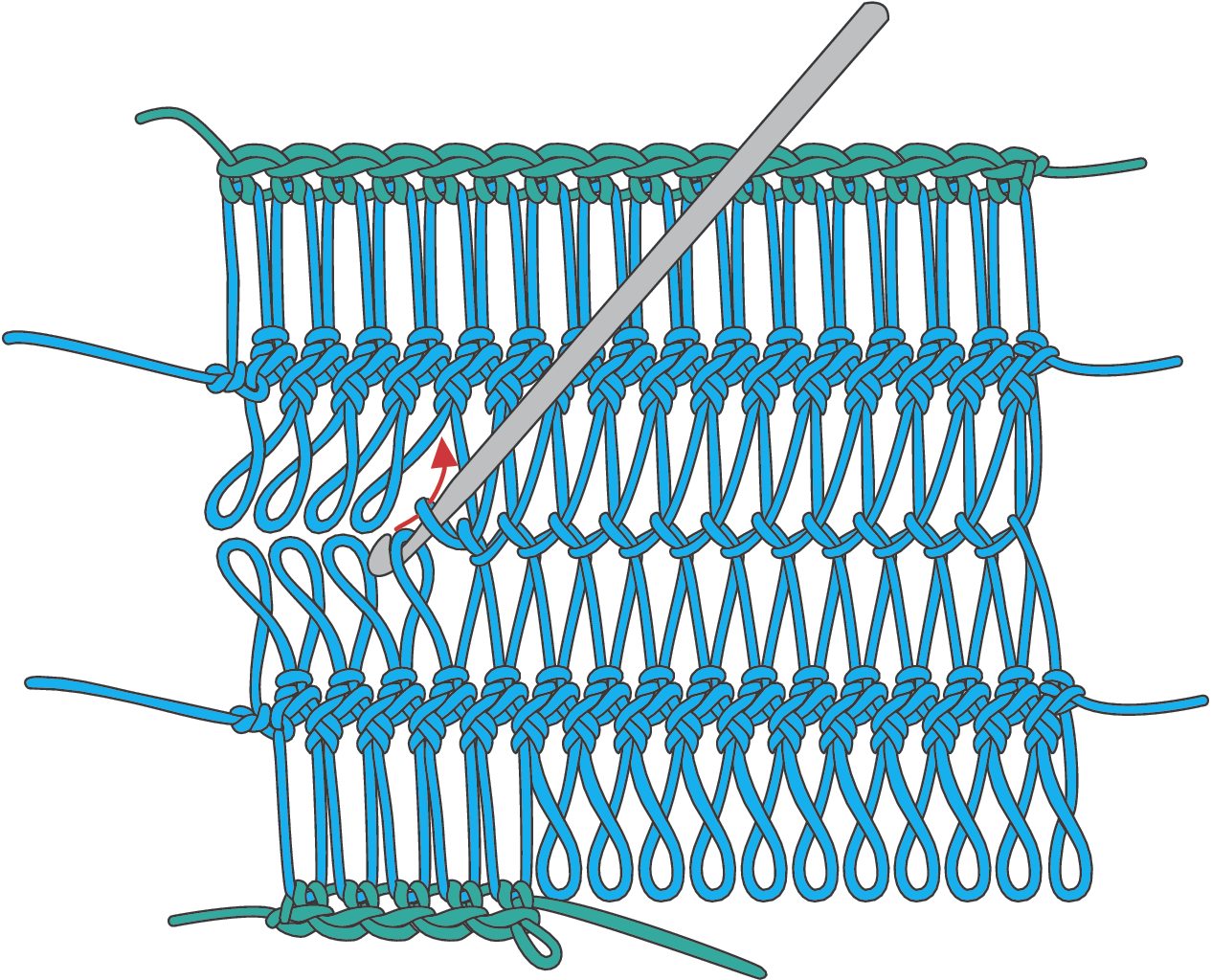 Detailliertes Muster in Blau und Grün, handgefertigt, mit einer Häkelnadel bearbeitet; kunstvolle Handarbeit.