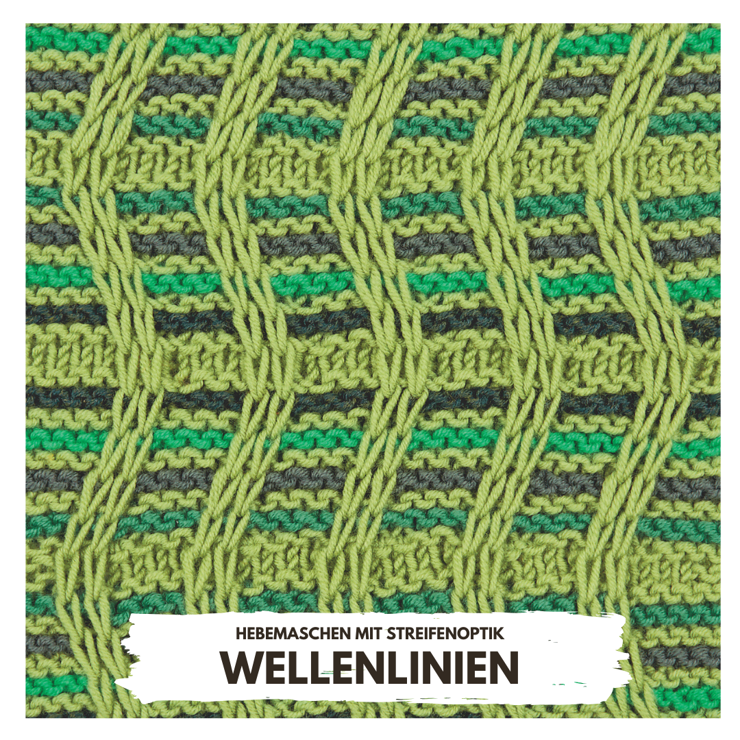 Grüne Hebemaschen, Streifenoptik, wellenförmig. Handarbeit mit modischen, selbstgemachten Akzenten.