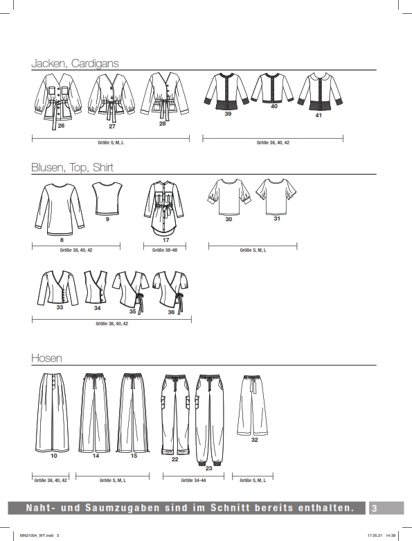 Verschiedene Schnitte: Jacken, Hemden, Hosen. Klare Linien, funktional, modisch, DIY.