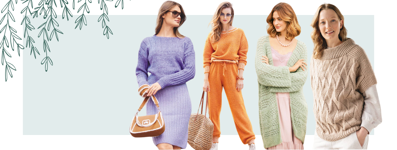 Lila Kleid, orange Jogger, grüne Strickjacke, beige Pullover; modisch, handgemacht, strukturierte Muster.