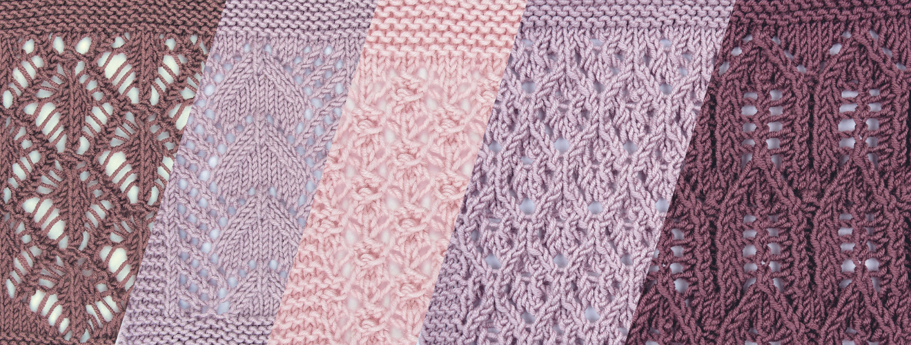 Verschiedene Strickmuster in Rosa- und Lilatönen, kunstvoll, handgemacht. Vielfältige Texturen und Designs.