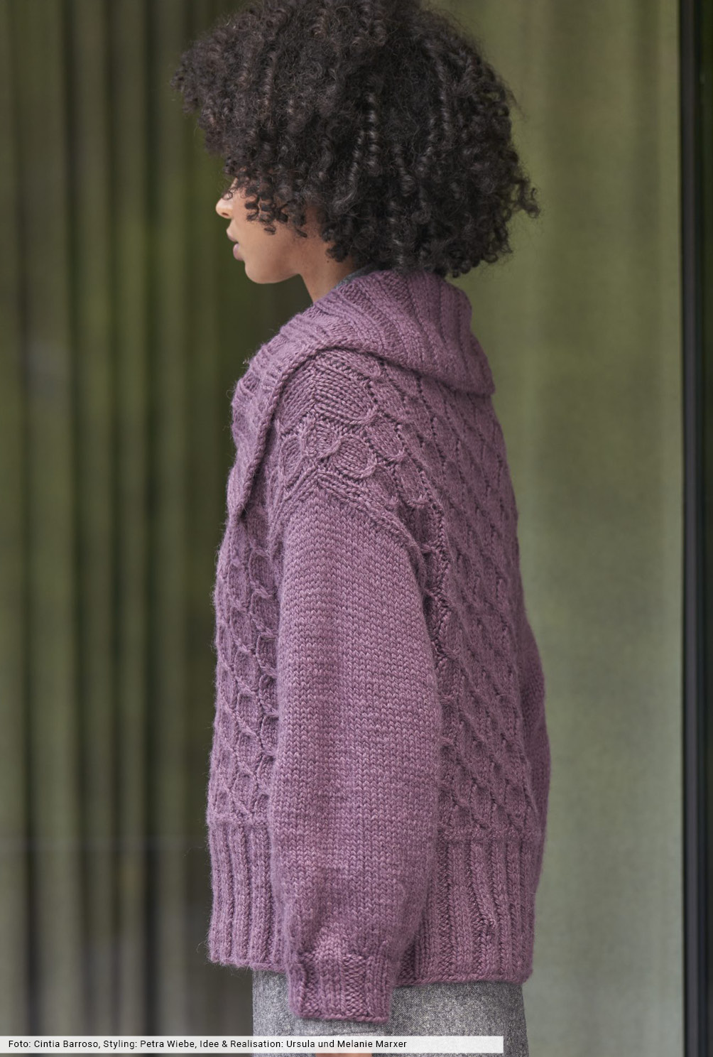 Modellansicht Bild 3: Zopfmuster-Pulli mit großen Kragen